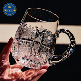 捷克BOHEMIA进口水晶玻璃精酿小麦带把啤酒杯大容量手工刻花杯子