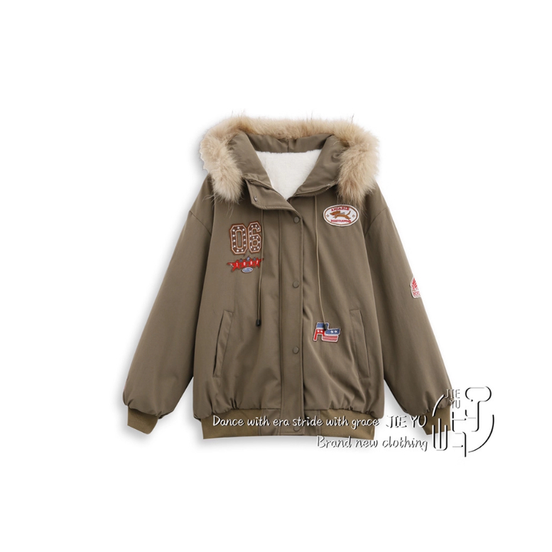 孑屿JIEYU 2025冬季新款大毛领连帽派克贴标工装外套