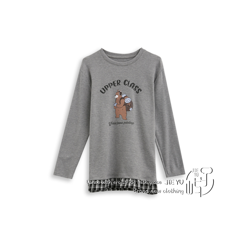 孑屿JIEYU 高级感小熊格子边长袖T恤女上衣