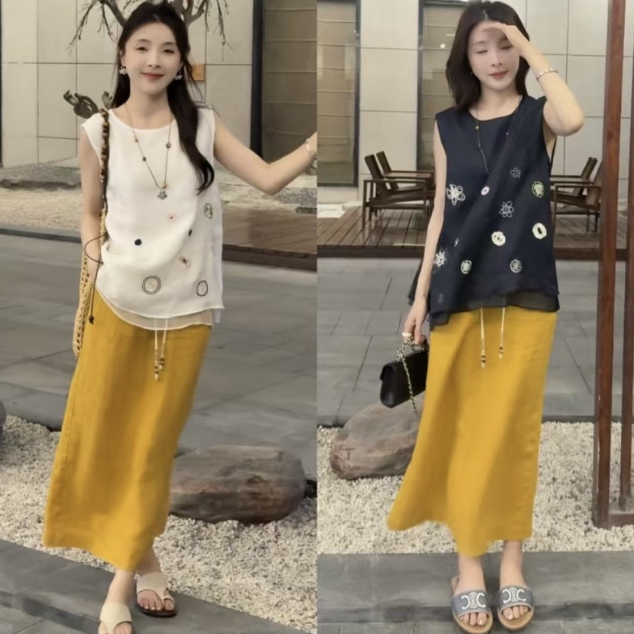 亚麻背后开叉直筒半身长裙套装