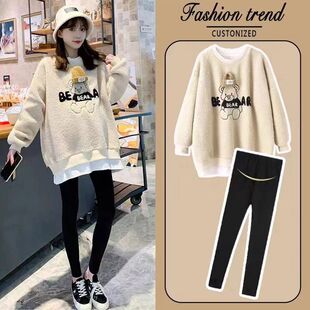 孕妇装冬装套装时尚款孕晚期假两件加绒卫衣秋冬小个子上衣