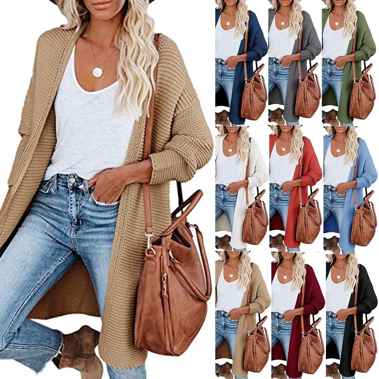 Mid-length Cardigan Solid Color Women Knitted Ladies