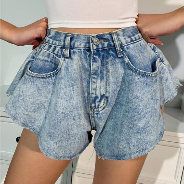 Irregular wide-leg pants cut-edge denim shorts versatile