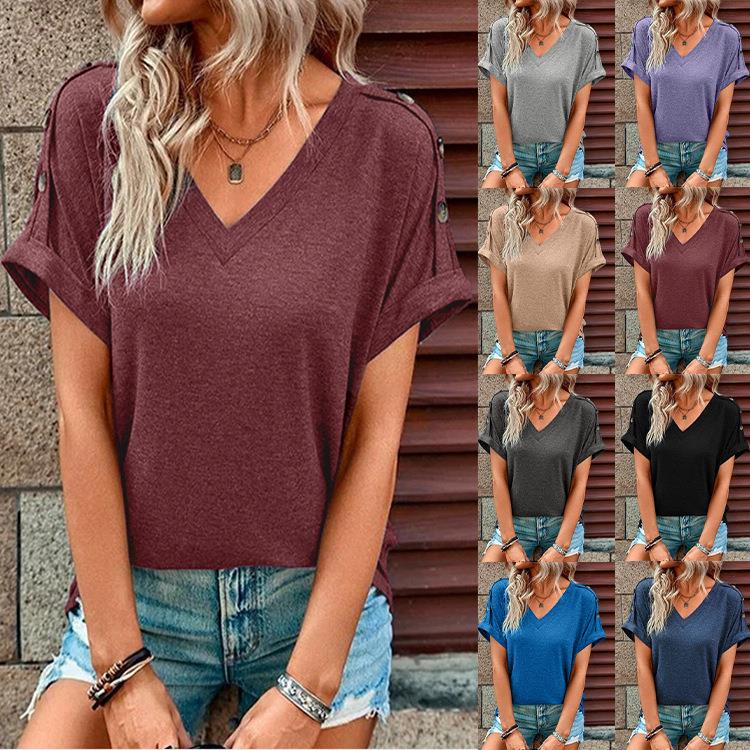 T-Shirt Sleeve Short Fashion Twist-Button Color Solid Tops
