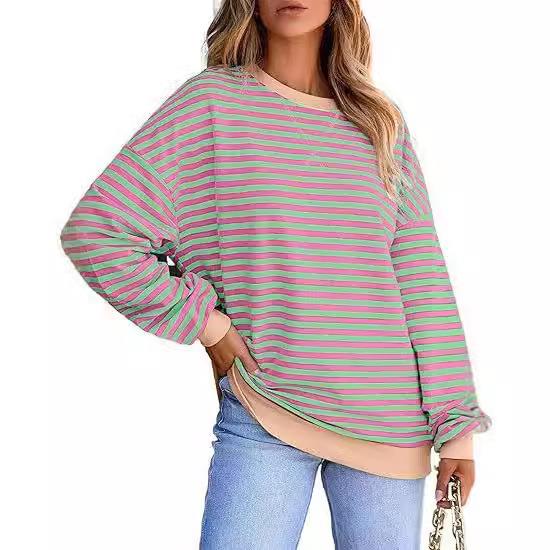 Top Tunic Pullover Striped Block Color Sleeve Long Neck