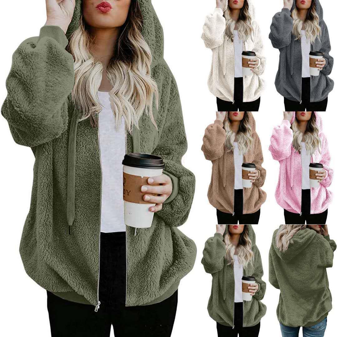 Plush hooded sweatshirt womens casual loose zipper cardigan