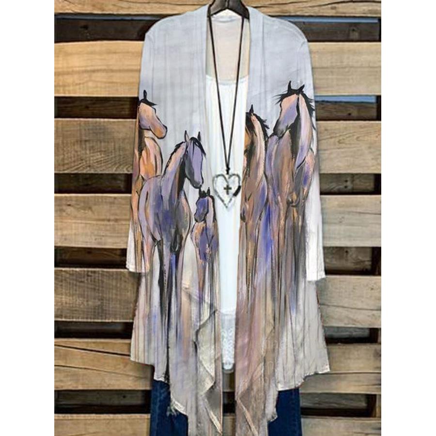 cardigans loose print flower long pockets with coat