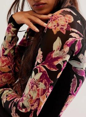 floral neckline sheer mesh tops pullover fitted tops semi