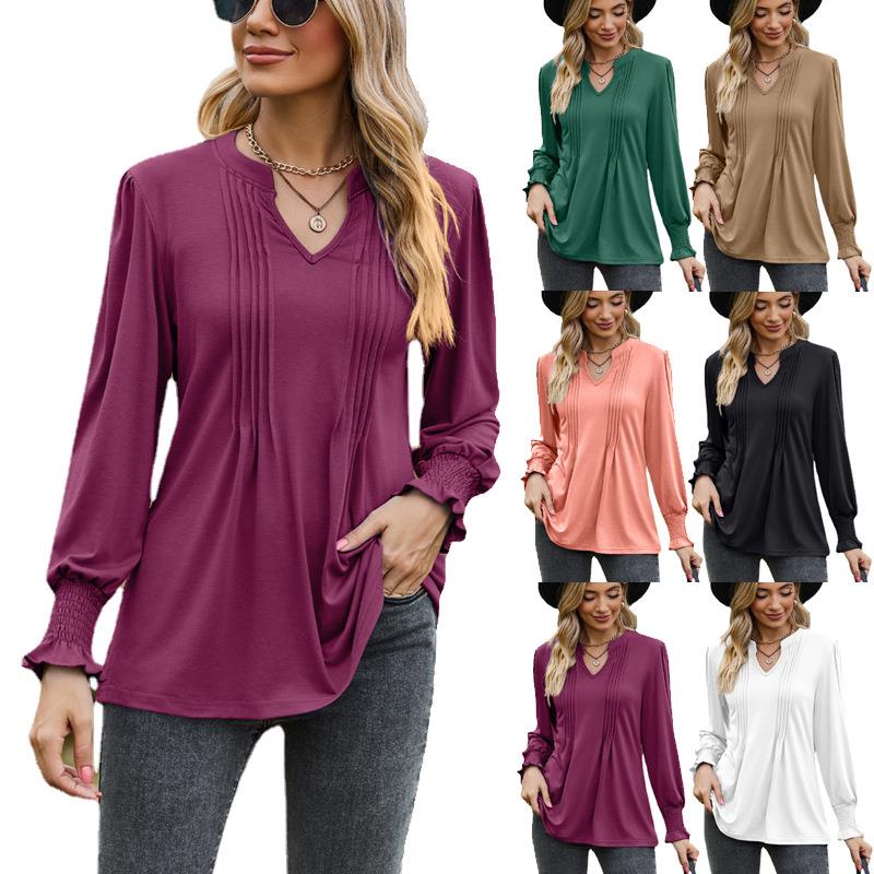 T-shirt womens solid color pull bubble sleeves V-neck long