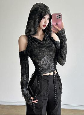 retro fashion hooded -shirts for women ripped trashy gothic