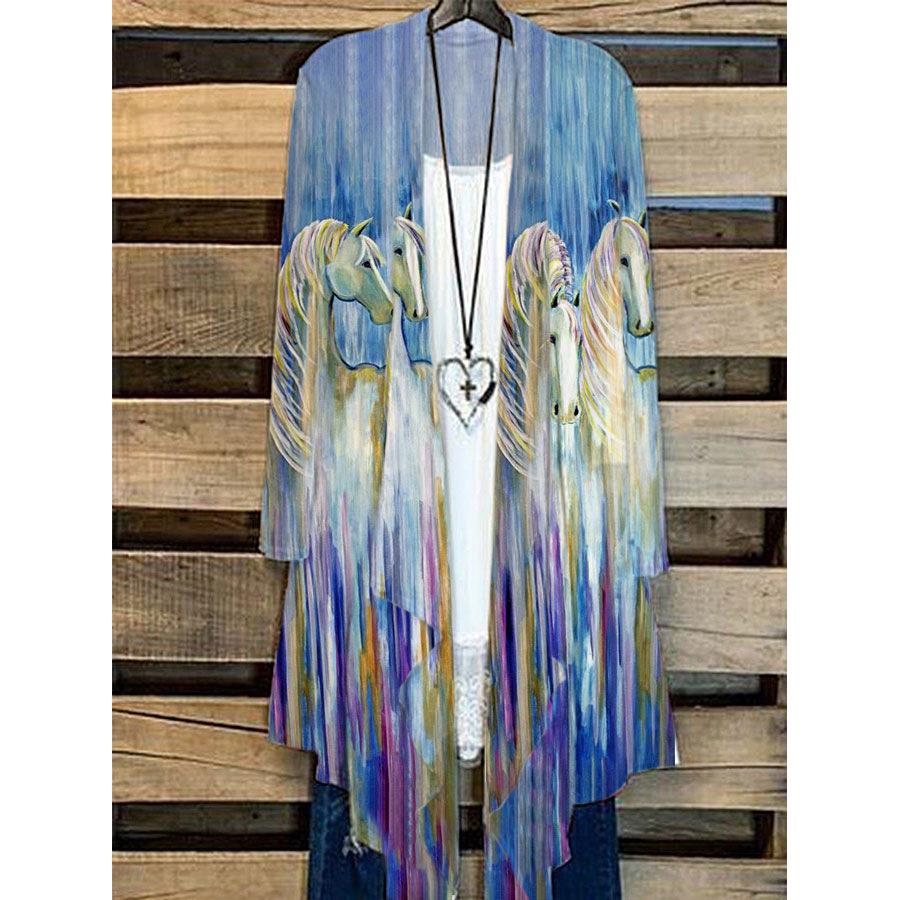 cardigans loose print flower long pockets with coat