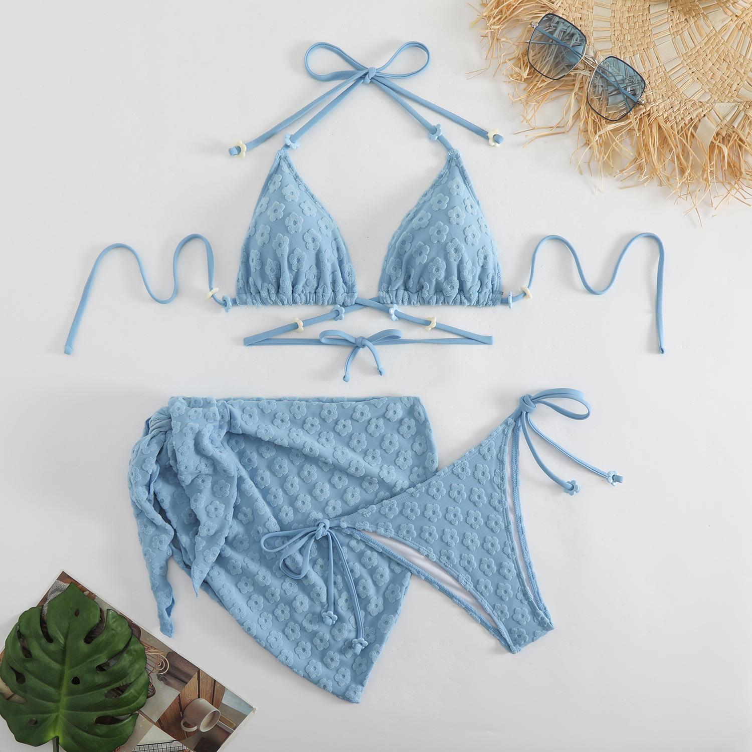 Pure color girl strap backless bikini three-piece set