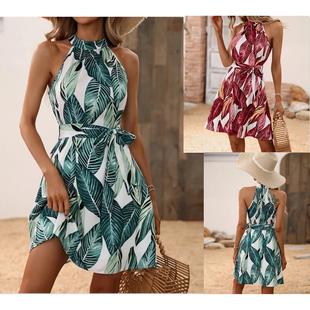 Tropical halterneck dress with belt