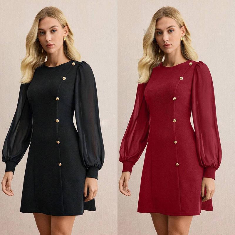 dress sleeve long color solid fit slim buttoned neck round