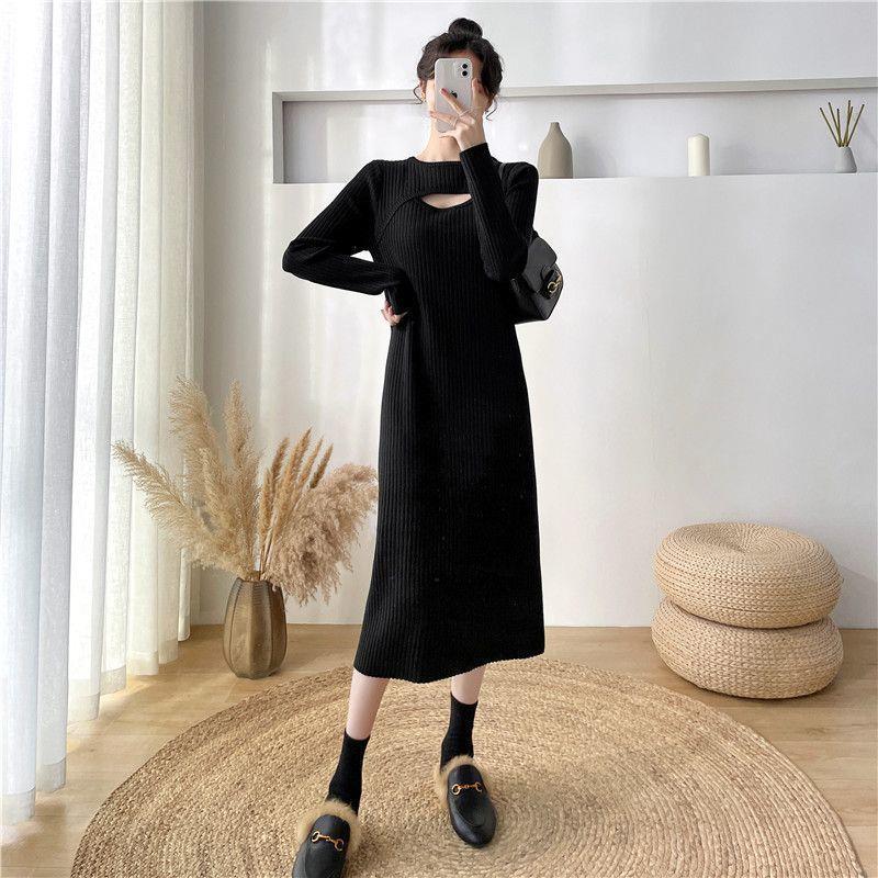Womens hollow knitted long below dress bottoming loose