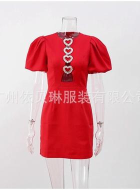 elegant hollow out puff mini dress for women metal love red