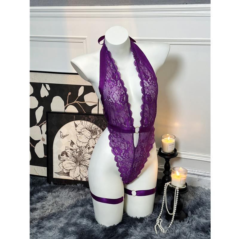 Purple Deep with Halter Bodysuit V-Neck Body Lace Garter