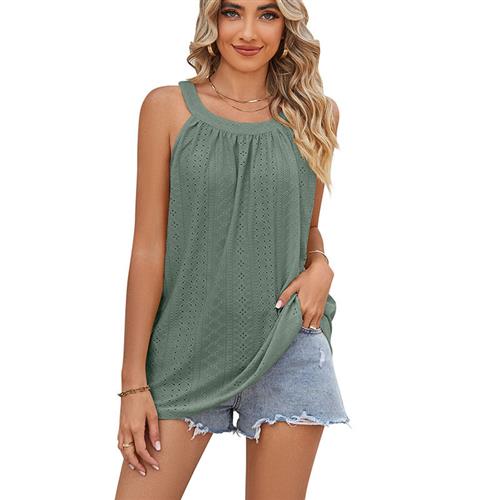 Sleeveless T-shirt Eyelet Loose Round Ruffle Suspender Neck