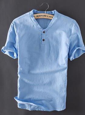 Linen T-shirt Mens Short Sleeve Suit Solid Color Large Size