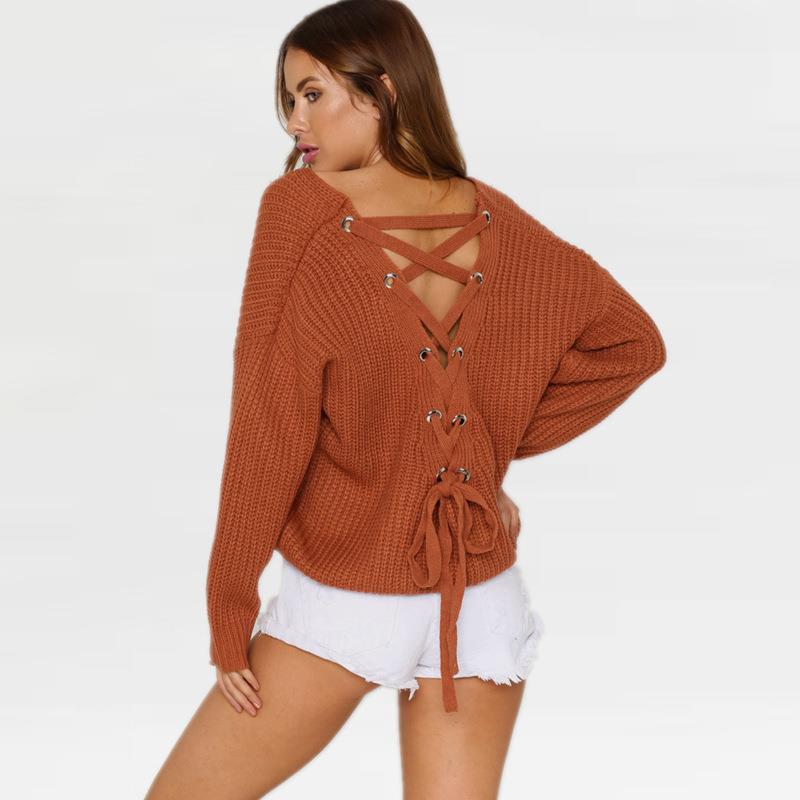 Womens pullover cross back drawstring sweater V-neck