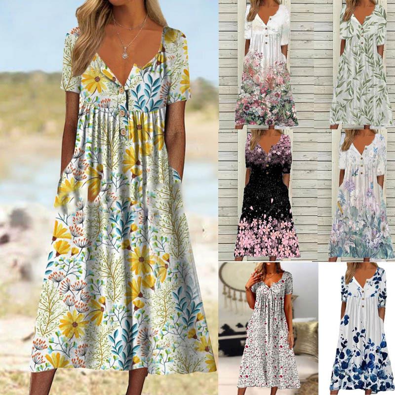 dress long pocket womens dress short-sleeved button V-neck