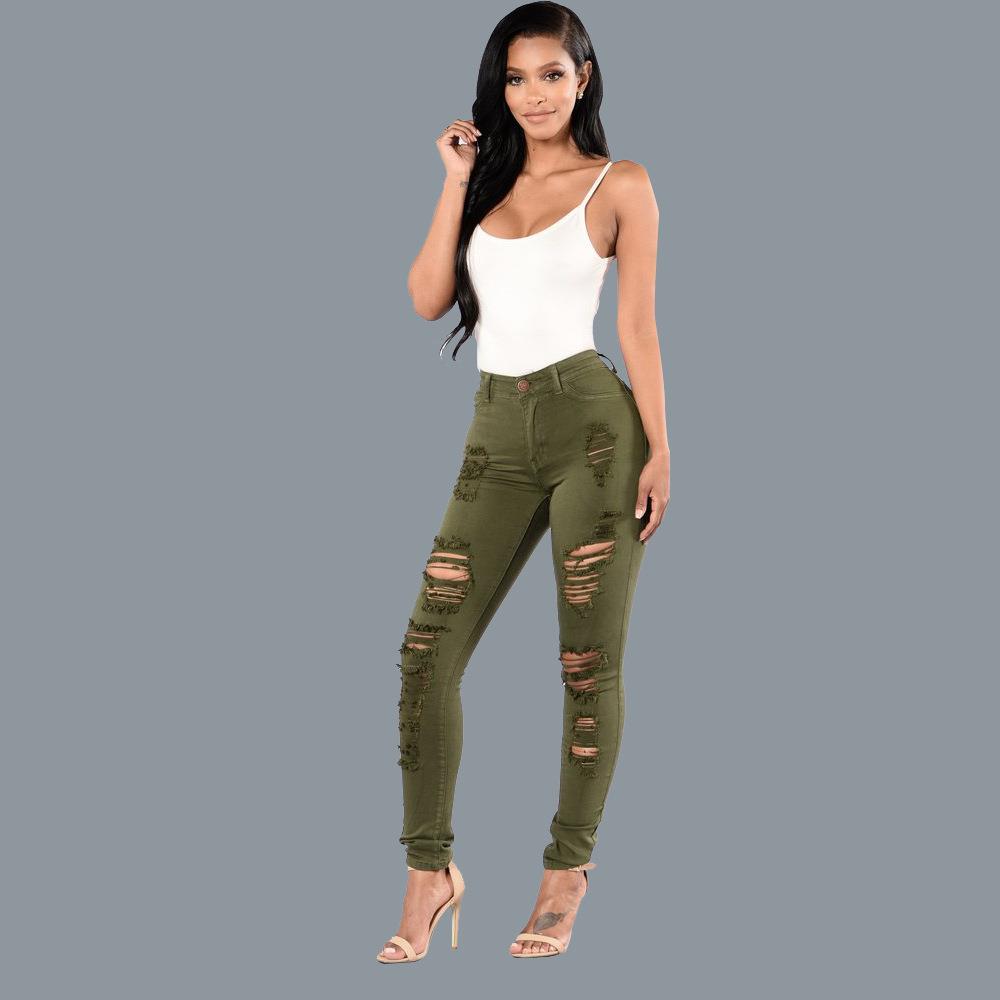 Denim knee-ripped slim-fit multi-color skinny pants plus