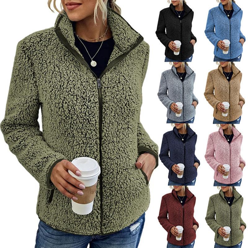 Stand fleece collar jacket womens solid fashion top zipper