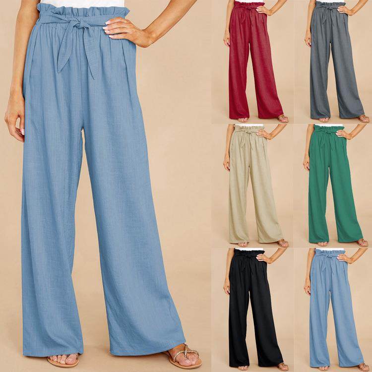 women for trousers wide-leg lace-up loose casual linen and