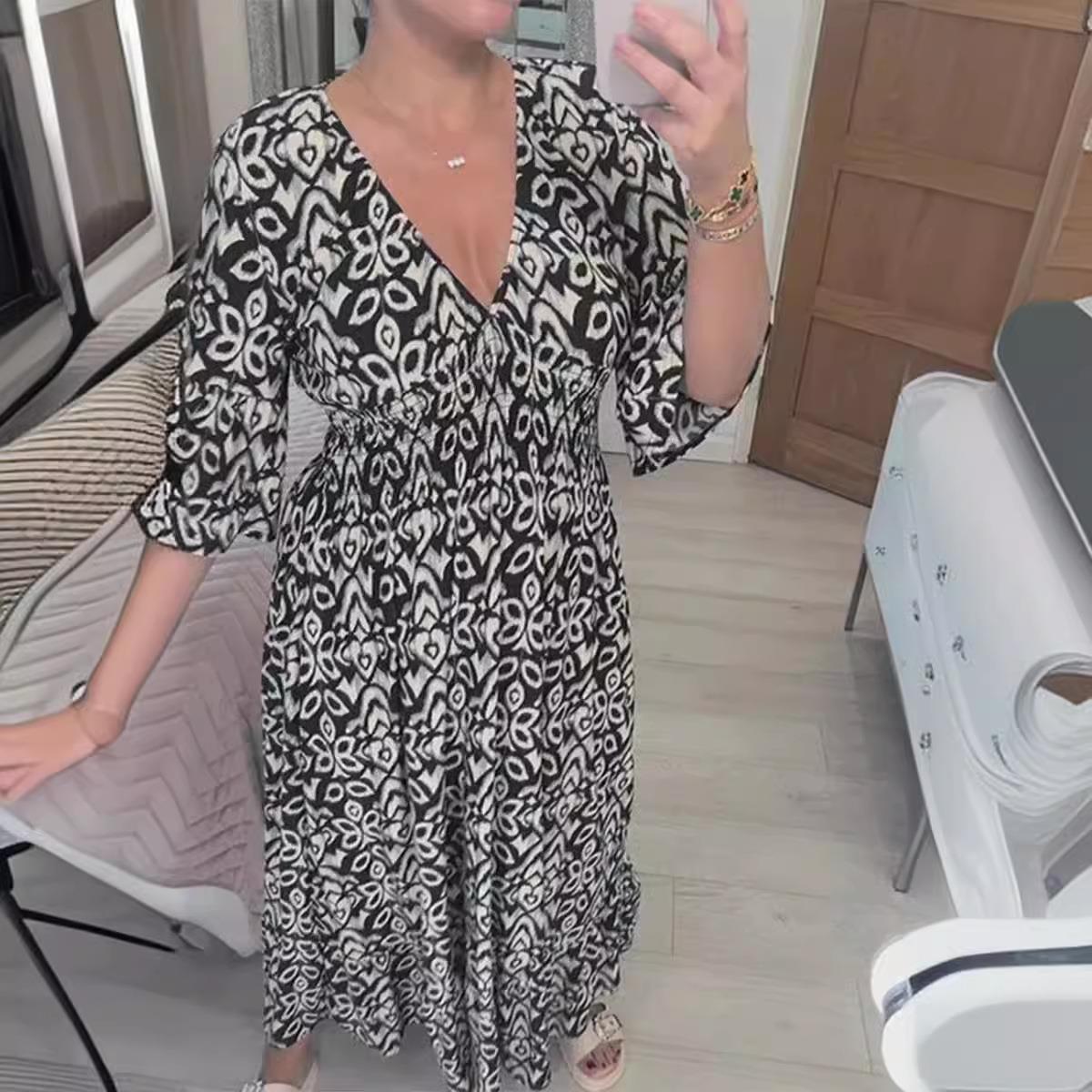 seaside size versatile V-neck dress beach loose floral