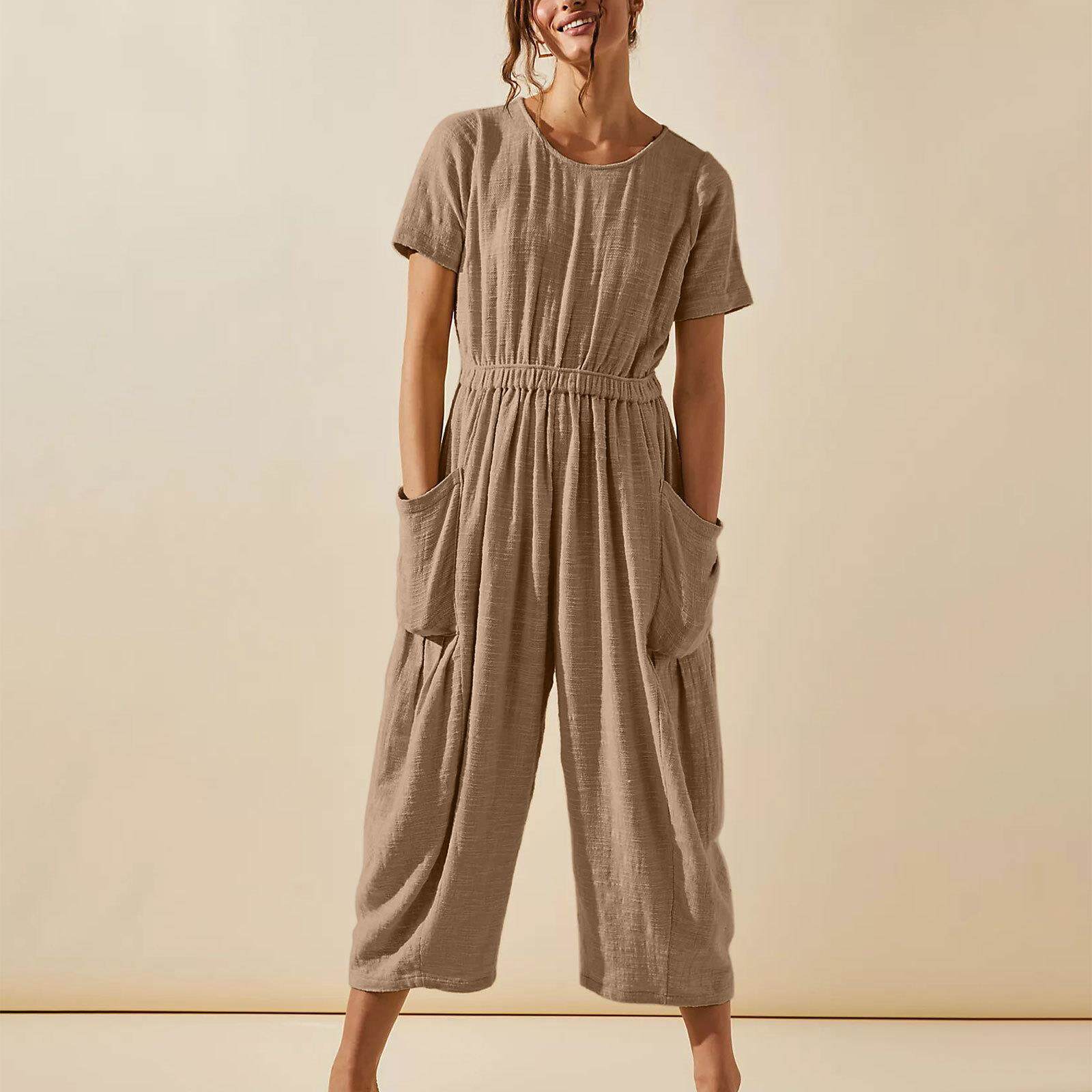 Solid color short-sleeved slim trousers for women