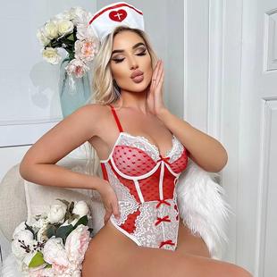 sexy tempting desire nurse steel lace jumpsuit