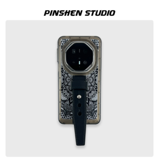 品申原创黑色亚克力潮牌图腾豆豆钉皮质腕带适用华为mate80RS手机壳全包防摔ins新款mate70RS非凡大师保护套