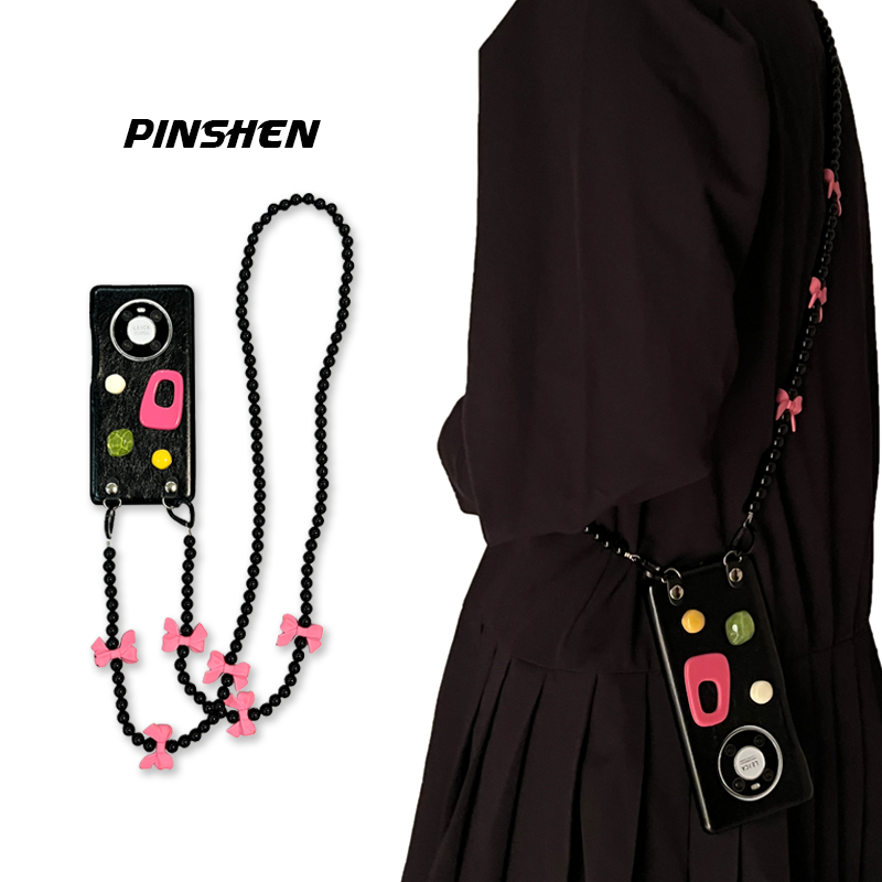 皮质立体几何宝石蝴蝶结珠链斜挎