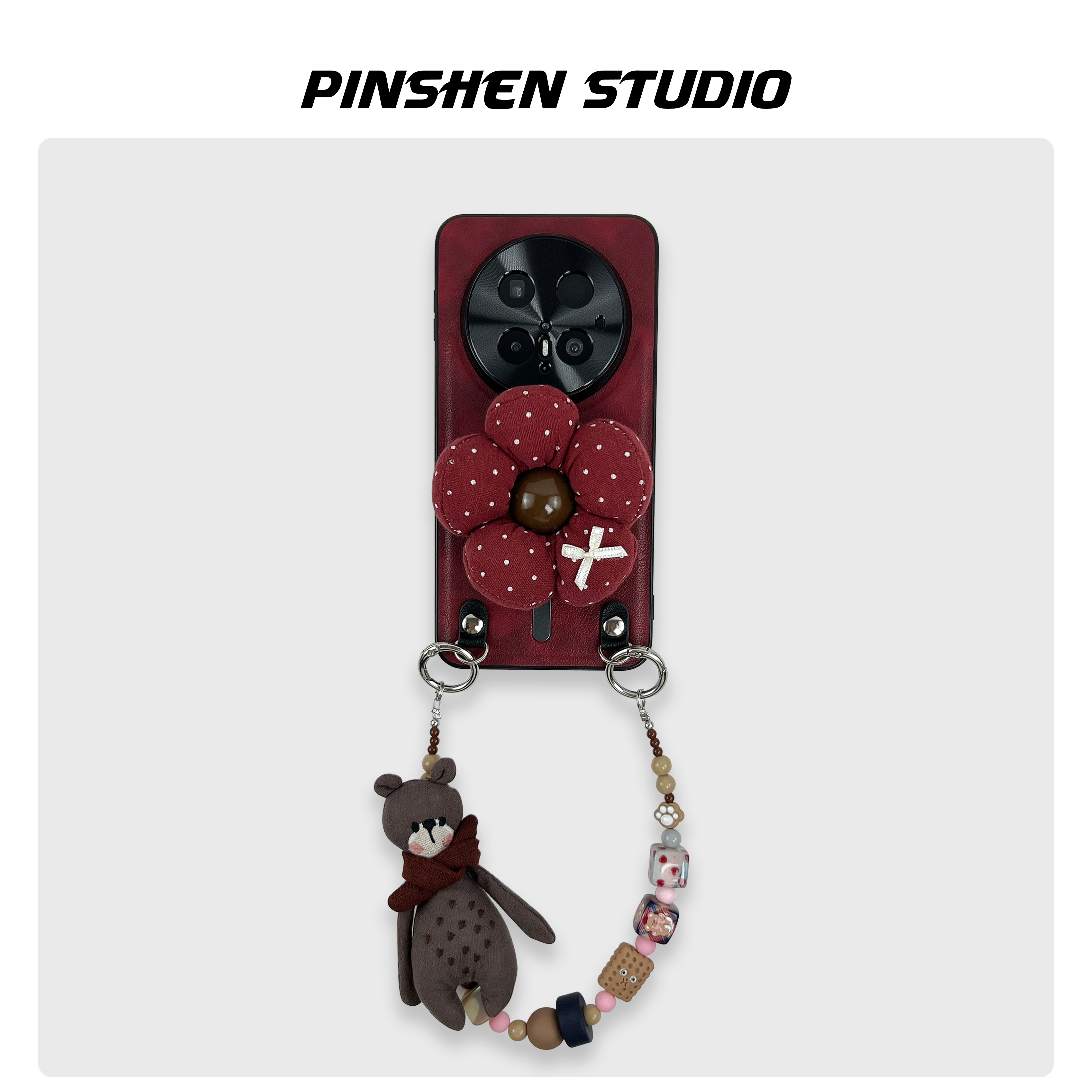 品申原创小众酒红色布艺花朵磁吸支架小熊手提链条适用华为mate80pro手机壳全包防摔高级感个性新款p70保护套