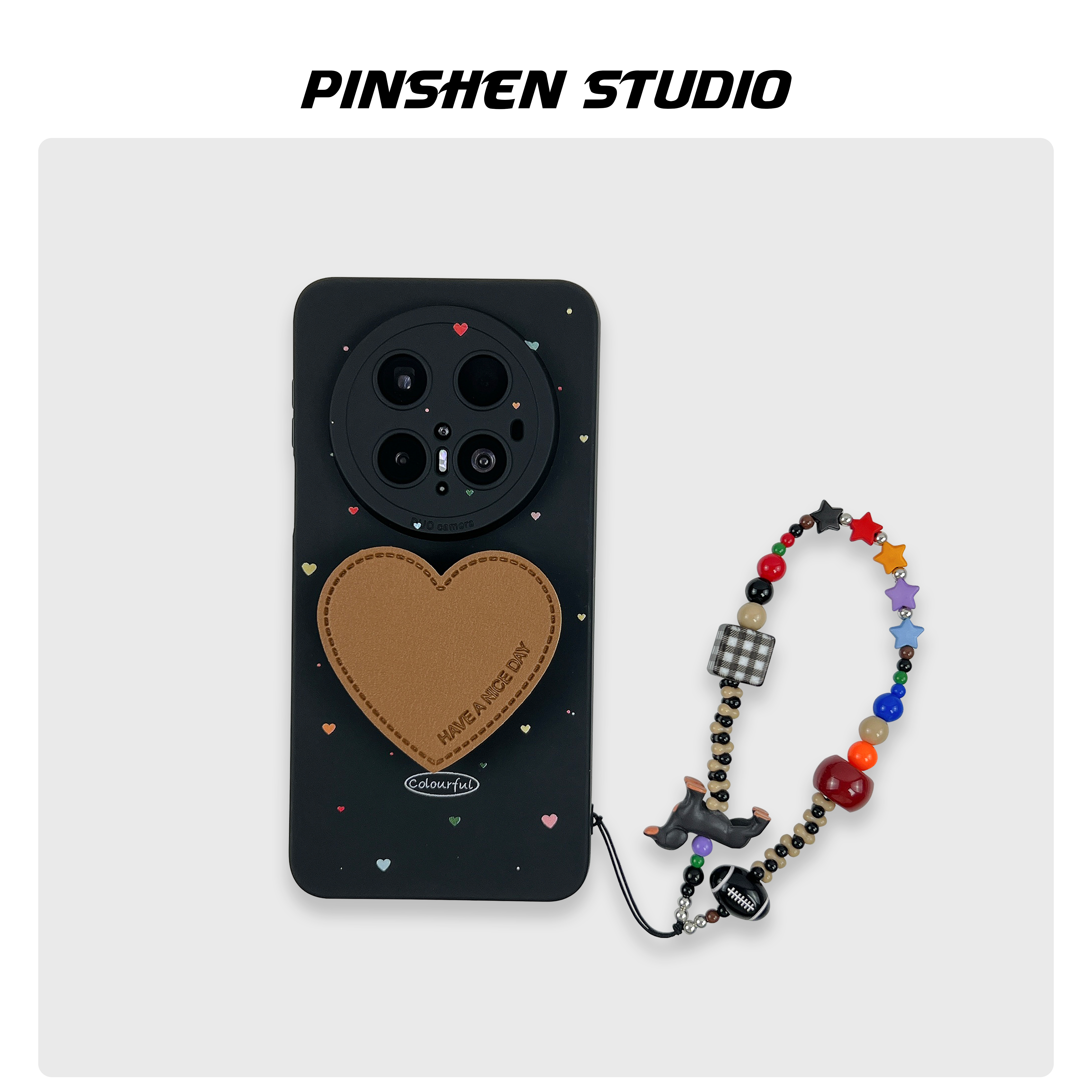 韩系彩色爱心皮质支架手提手机壳