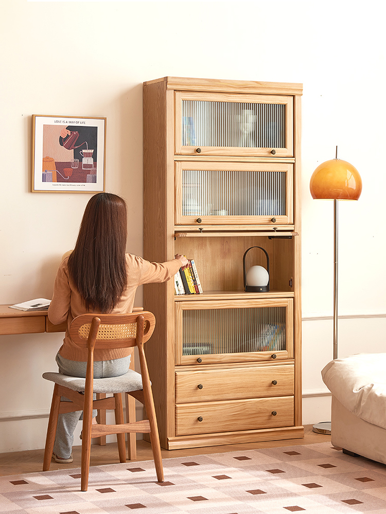 实木防尘书柜带玻璃门收纳储物柜餐边客厅展示柜置物架落地折叠门