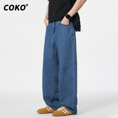 COKO美式经典水洗蓝宽松直筒牛仔裤男2026春夏季潮牌百搭阔腿裤子
