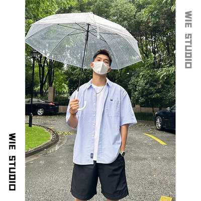 WIE STUDIO日系条纹短袖衬衫男夏季薄款cityboy休闲百搭翻领衬衣