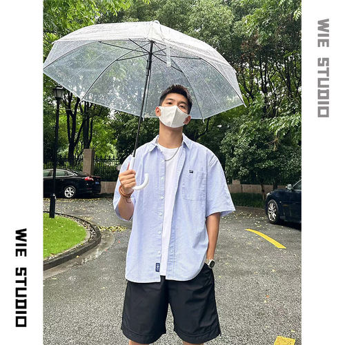 WIE STUDIO日系条纹短袖衬衫男夏季薄款cityboy休闲百搭翻领衬衣