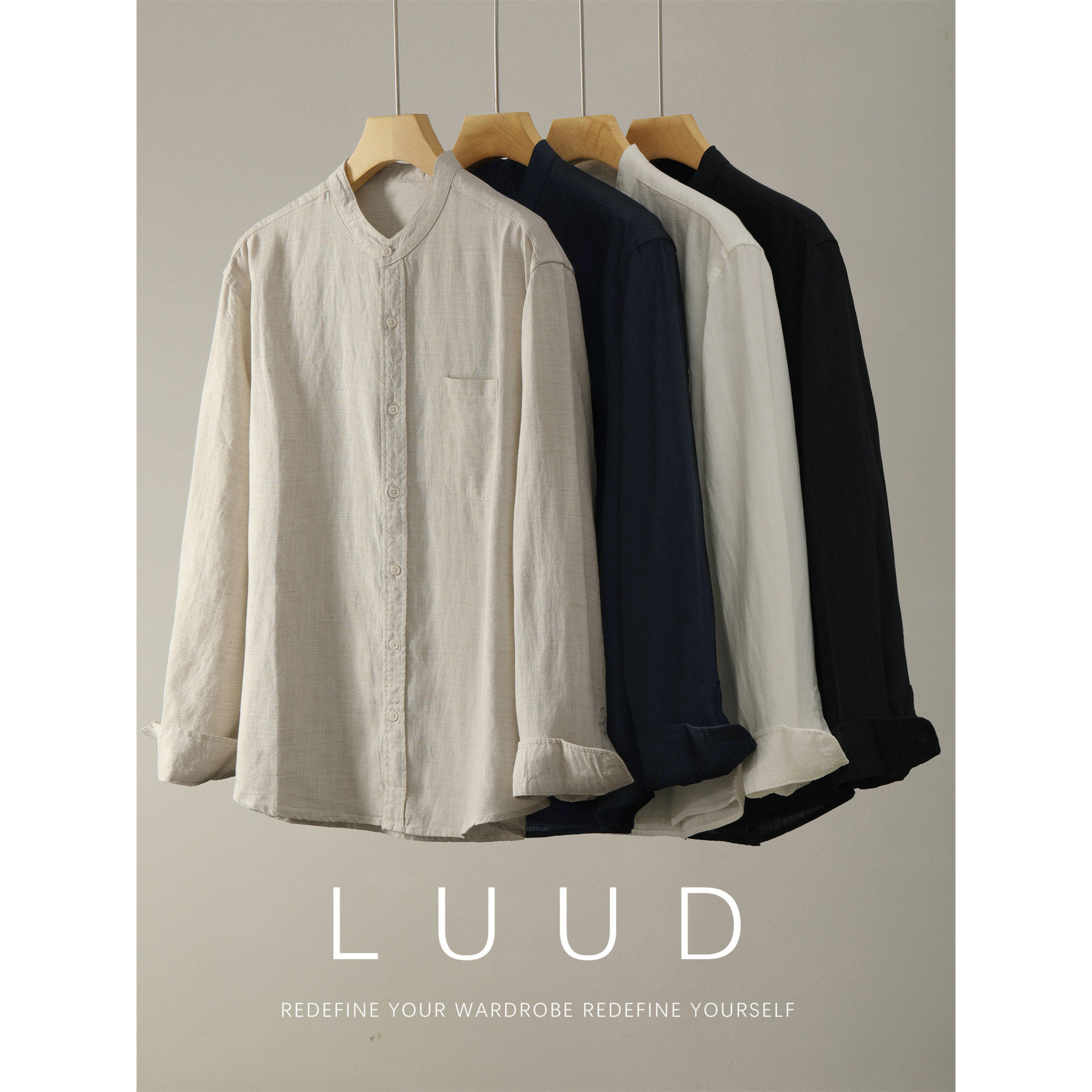 LUUD 新中式立领亚麻天丝长袖衬衫复古儒雅老钱口袋款百搭衬衣男