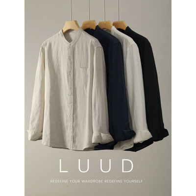 LUUD 新中式立领亚麻天丝长袖衬衫复古儒雅老钱口袋款百搭衬衣男