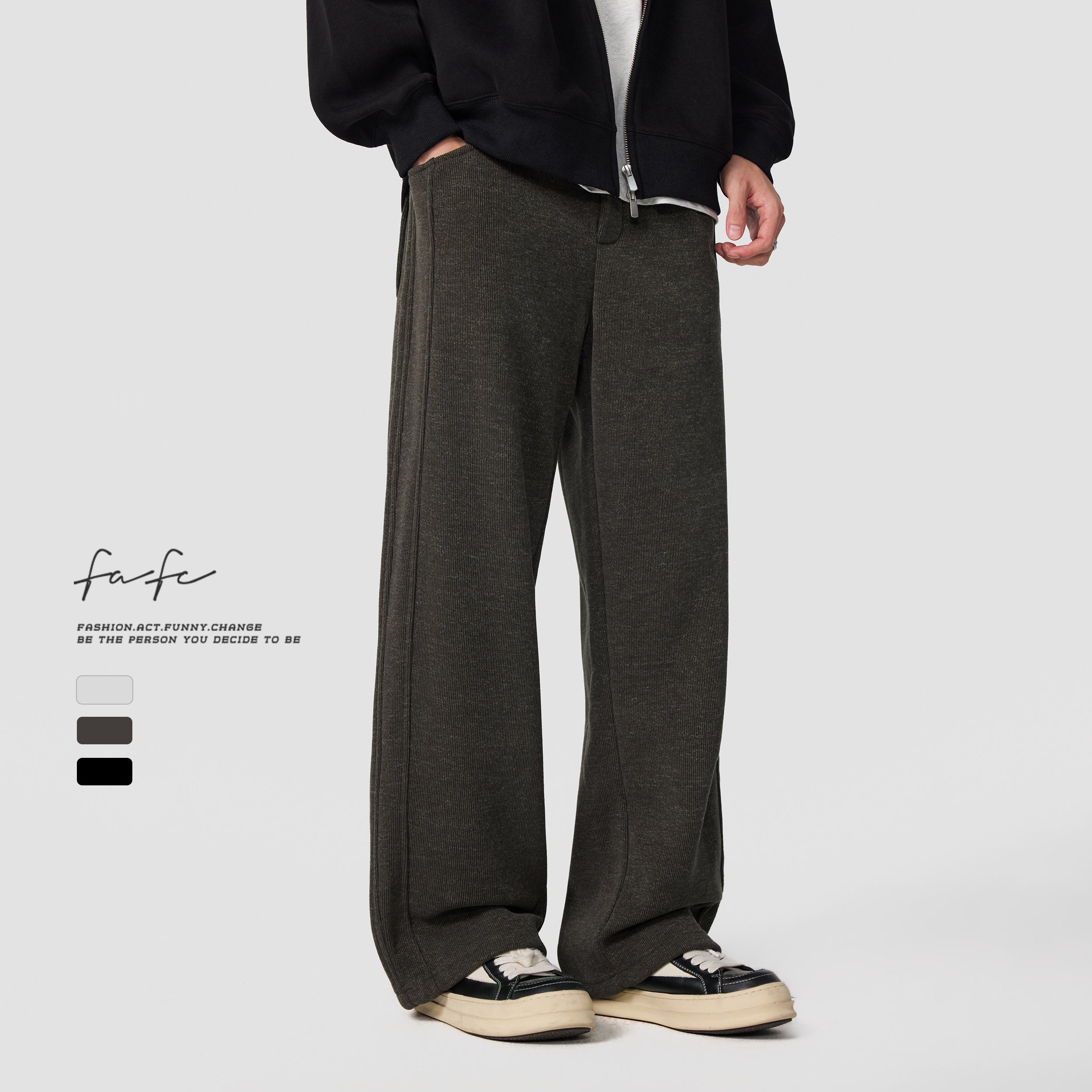 FAFC冬季重磅加绒加厚针织弯刀运动卫裤男款宽松直筒阔腿休闲长裤,男装,卫裤,淘宝优惠券,粉丝福利购,淘宝优惠卷