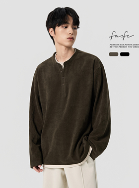 FAFC 400g树枝纹肌理感秋季美式重磅圆领假两件长袖T恤卫衣男款潮