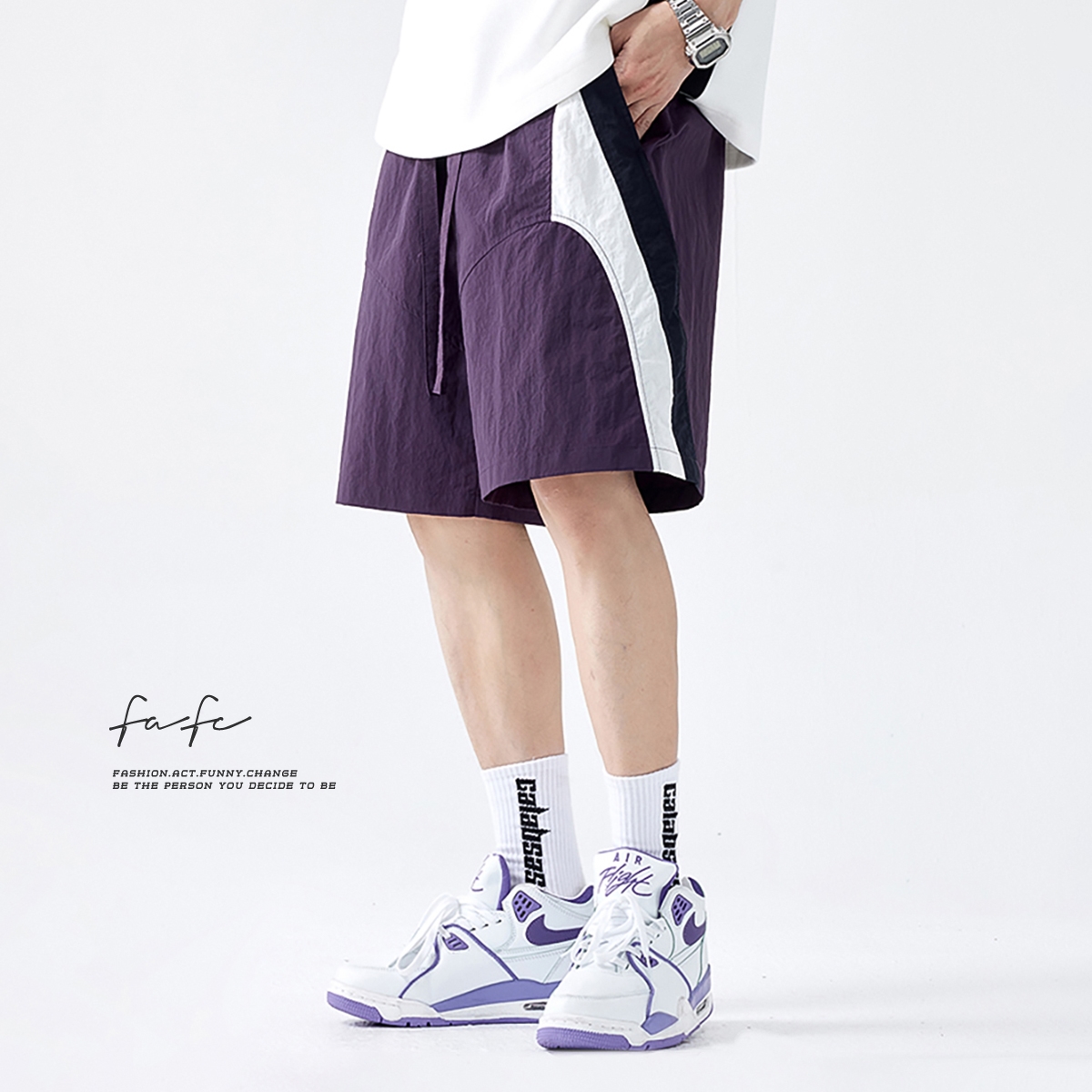 FAFC柔软冰丝薄款透气撞色短裤