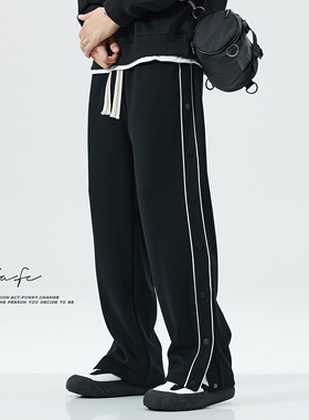 FAFC2024秋季美式侧排扣阔腿休闲裤男款潮流宽松百搭垂感黑色长裤