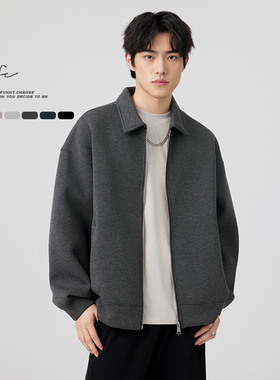 FAFC春季美式潮流重磅空气层开衫卫衣男纯色宽松休闲翻领上衣外套