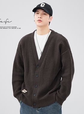 FAFC 2024秋冬季日系开衫毛衣男款宽松百搭V领针织衫外搭保暖外套