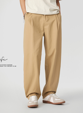 FAFC春夏季美式纯棉休闲西裤男纯色日系宽松直筒阔腿垂感长裤子潮