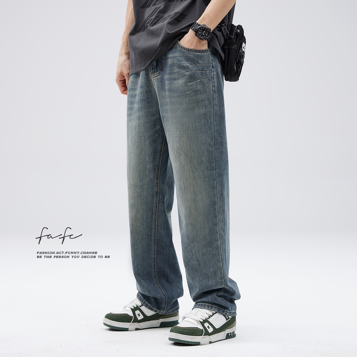 FAFC2024秋季复古水洗牛仔裤男款美式潮流折痕直筒裤宽松休闲长裤