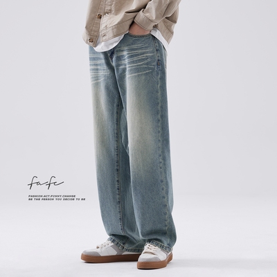 FAFC柔软舒适水洗做旧牛仔裤